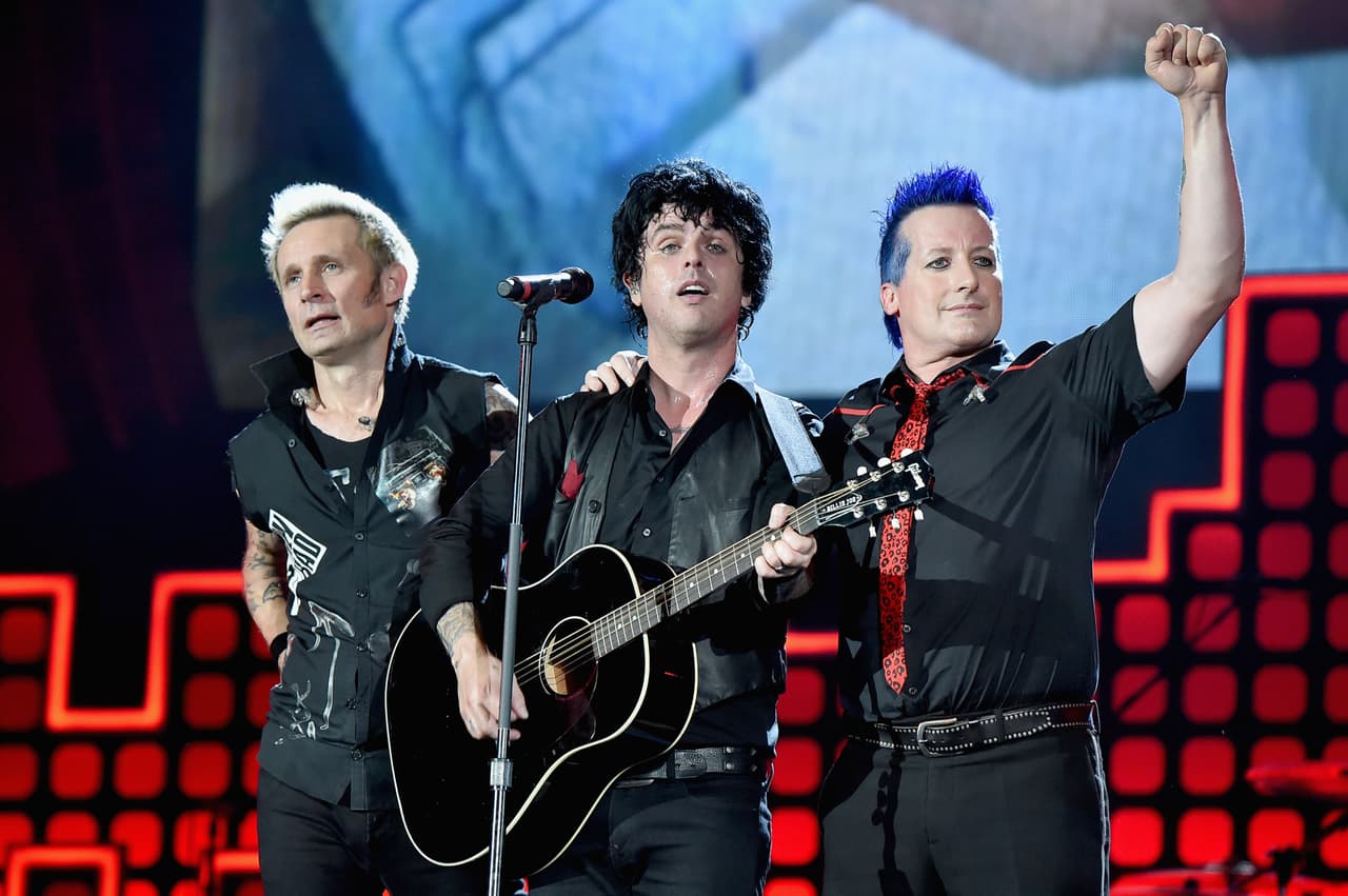 NEW YORK, NY - SEPTEMBER 23: (L-R) Mike Dirnt, Billie Joe Armstrong and Tre Cool of Green Day perform onstage during the 2017 Global Citizen Festival: For Freedom. For Justice. For All. in Central Park on September 23, 2017 in New York City. (Photo by Theo Wargo/Getty Images for Global Citizen)