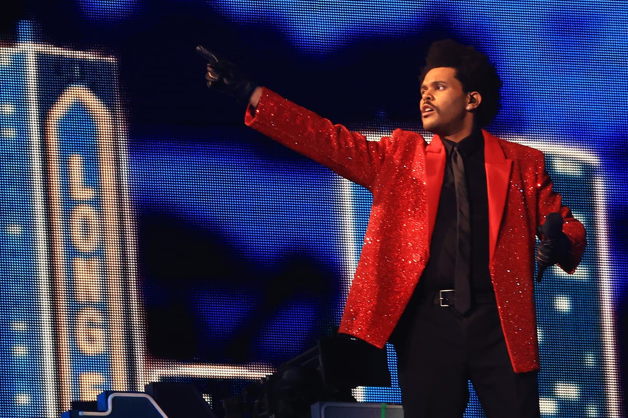 TAMPA, FLORIDA - FEBRUARY 07: The Weeknd performs during the Pepsi Super Bowl LV Halftime Show at Raymond James Stadium on February 07, 2021 in Tampa, Florida. (Photo by Mike Ehrmann/Getty Images)