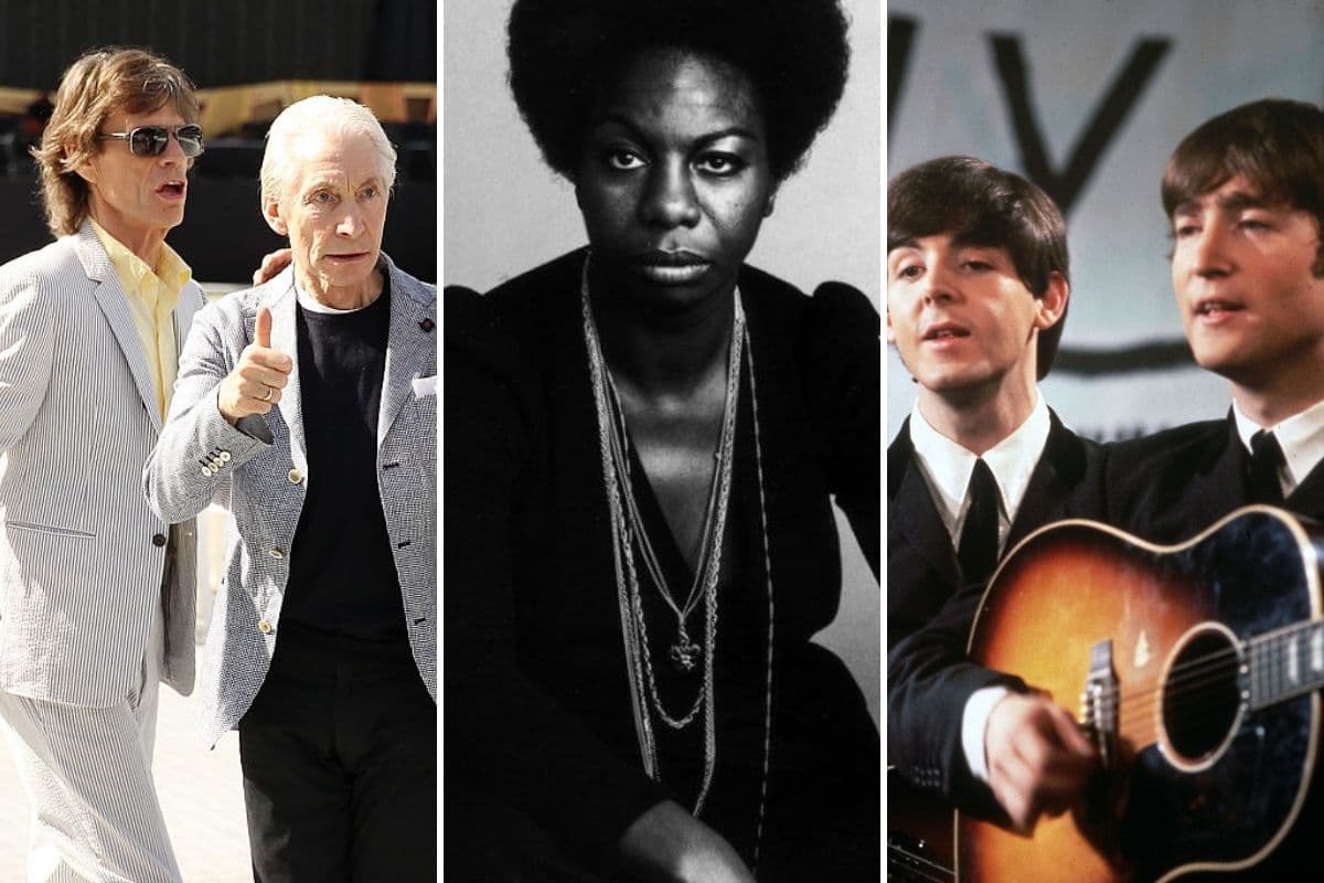 Mick Jagger y Charlie Watts de The Rolling Stones, Nina Simone y Paul McCartney y John Lennon de The Beatles